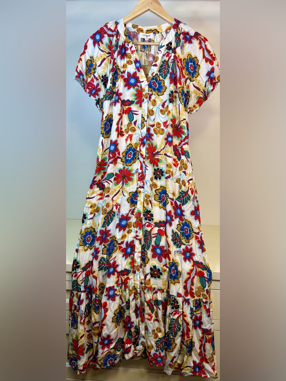 NWT Umgee White Maxi Dress with Red, Blue & Yellow Floral Print